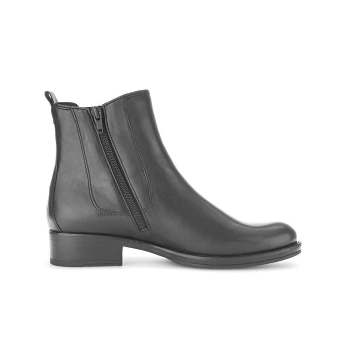 Black ankle boots with side zipper, elastic gore, and low block heel