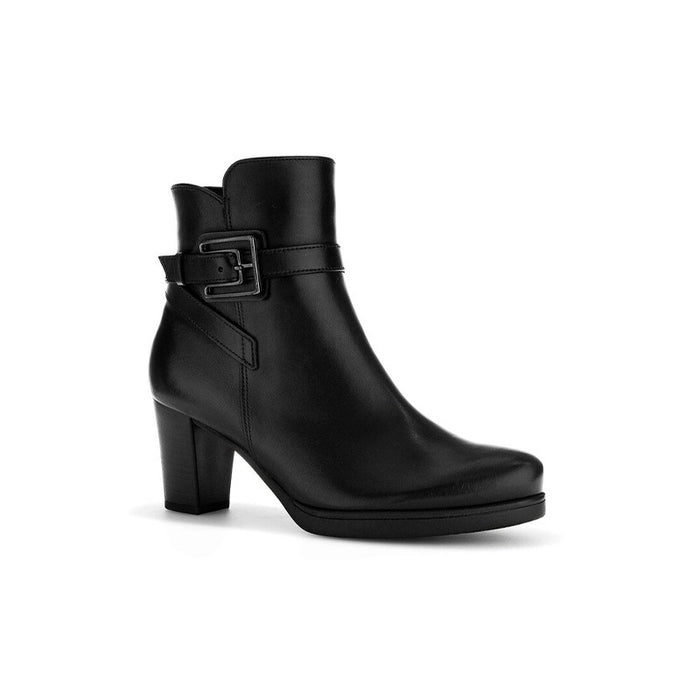 Black leather ankle boots with square buckle strap and chunky heel