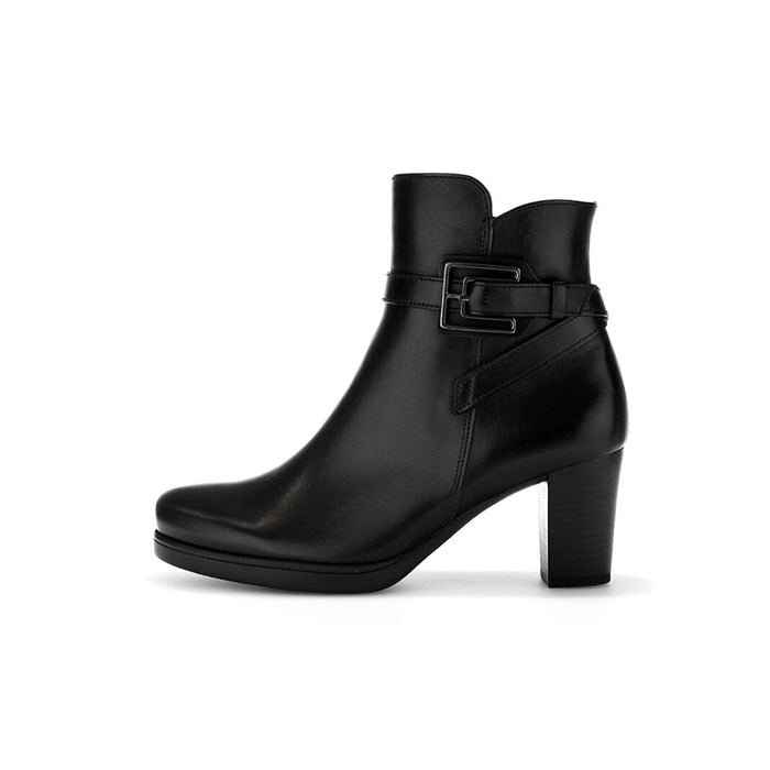 Black leather ankle boots with buckle strap and block heel