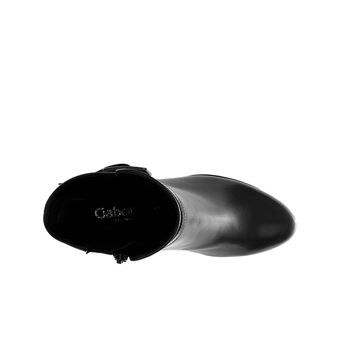 Black leather ankle boot with pointed toe opening and logo lining