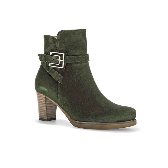 Green suede ankle boots with square buckle strap and block heel
