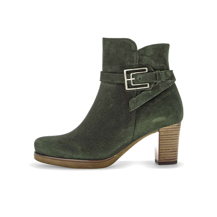Green suede ankle boots with buckle strap and mid-height block heel