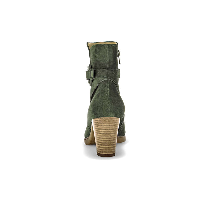 Green suede ankle boots with buckle detail and cushioned stacked heel