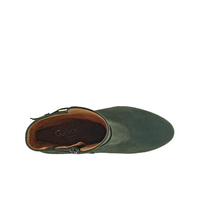 Green suede ankle boot with side buckle and cushioned interior lining