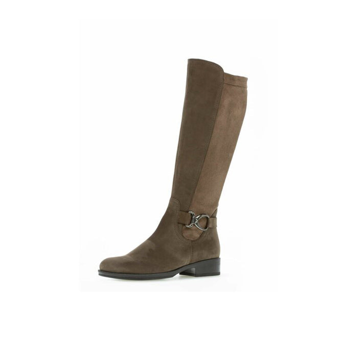 Taupe brown knee-high boots with buckle strap and low block heel