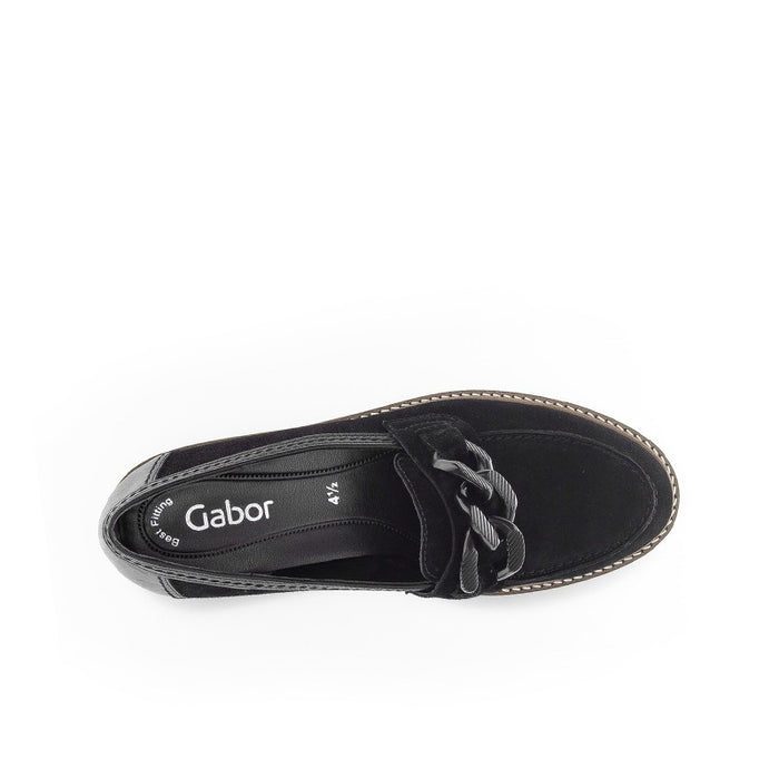 Black loafer slip-on with tied detail; interior shows Gabor label.