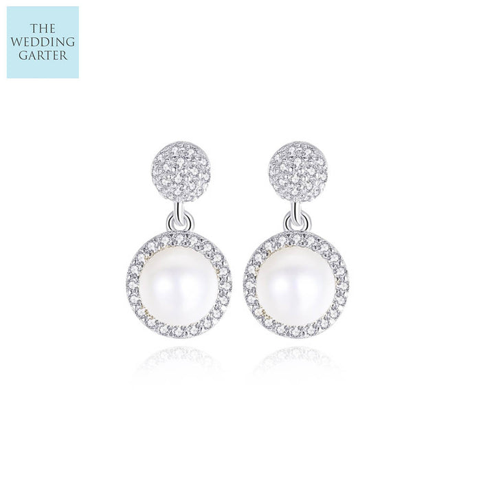 Genuine Natural Pearl & CZ Pearl Drop Bridal Earrings - The Wedding Garter