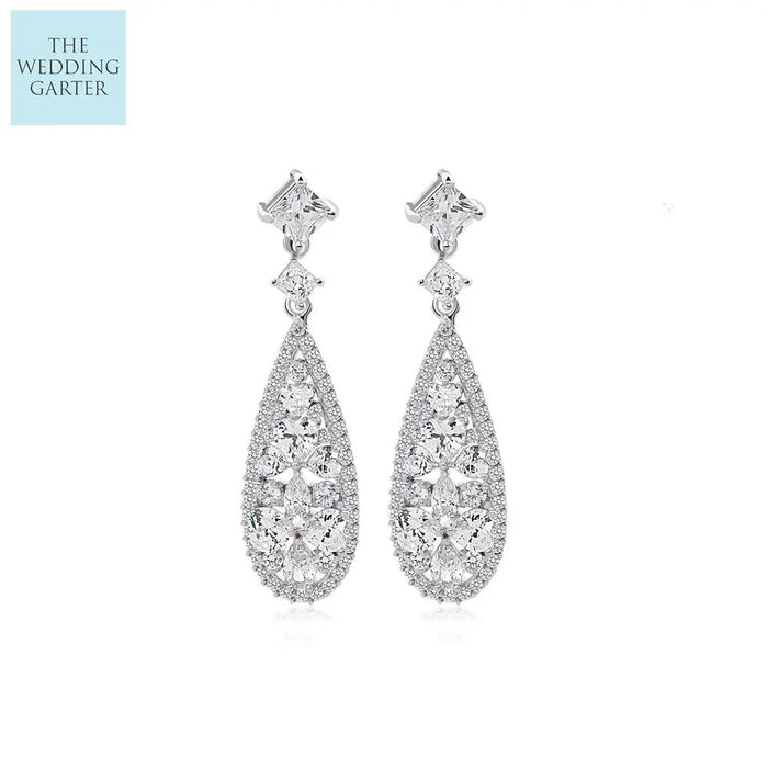 Geometric Long Drop CZ Diamond Bridal Earrings - The Wedding Garter