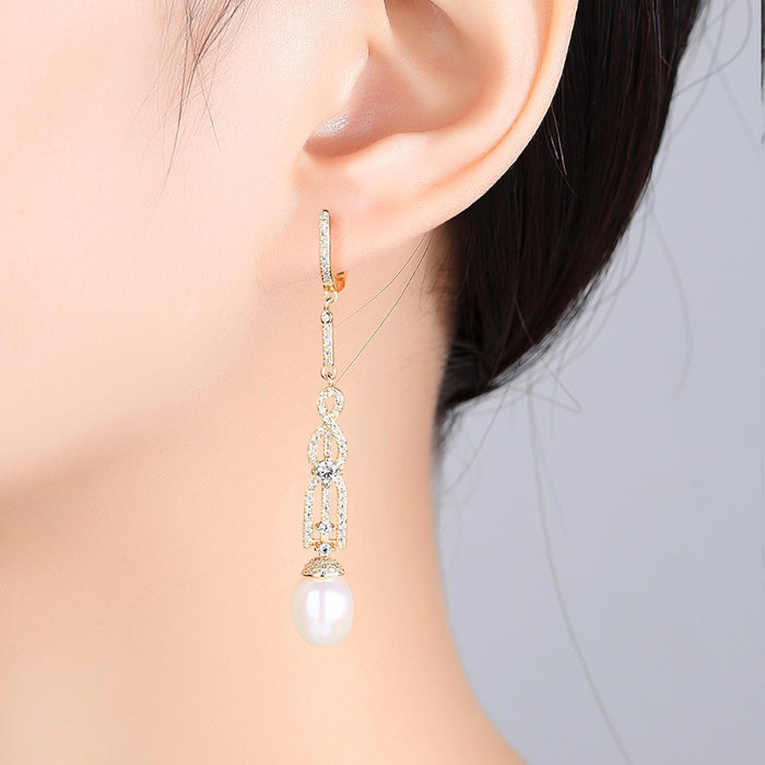 Gold Art Deco Style Long Drop Real Pearl Bridal Earrings - The Wedding Garter