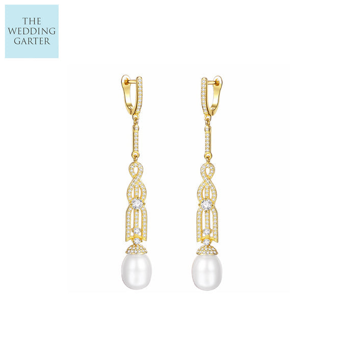 Gold Art Deco Style Long Drop Real Pearl Bridal Earrings - The Wedding Garter
