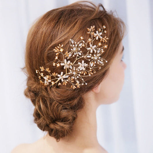 Gold & Bronze Bridal Headpiece Vine With Beading - The Wedding Garter