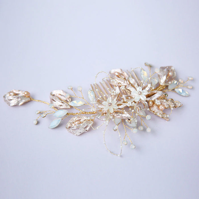 Gold Handpainted Bridal Hair Comb With Pearls - The Wedding Garter