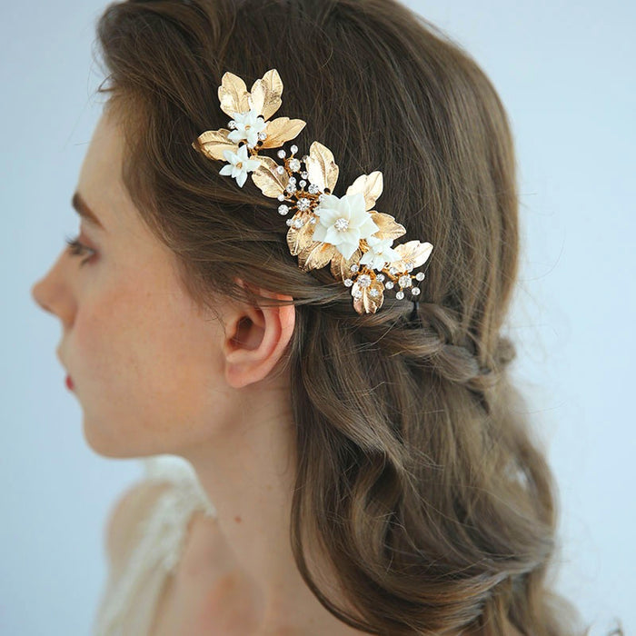 Gold Leaf & Ivory Floral Bridal Hair Clip - The Wedding Garter
