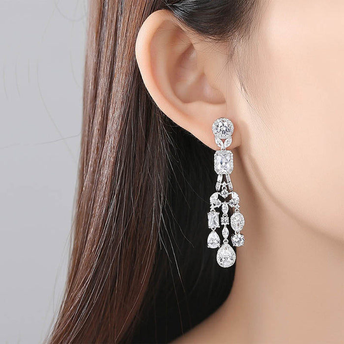 Gorgeous Long Silver CZ Diamond Bridal Earrings - The Wedding Garter