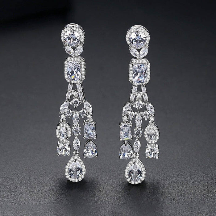 Gorgeous Long Silver CZ Diamond Bridal Earrings - The Wedding Garter