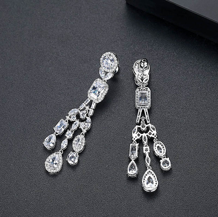 Gorgeous Long Silver CZ Diamond Bridal Earrings - The Wedding Garter