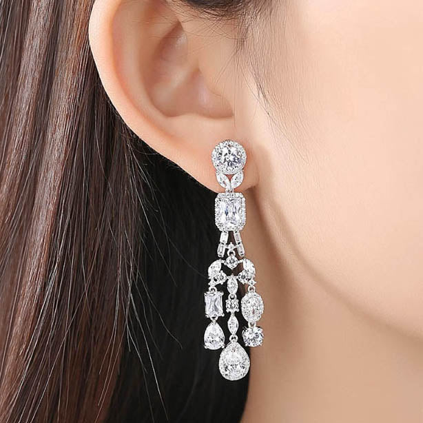 Gorgeous Long Silver CZ Diamond Bridal Earrings - The Wedding Garter
