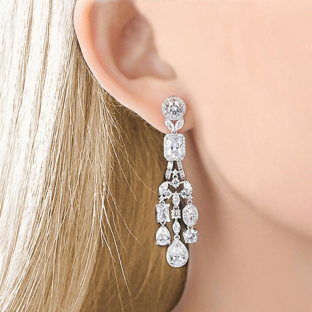 Gorgeous Long Silver CZ Diamond Bridal Earrings - The Wedding Garter