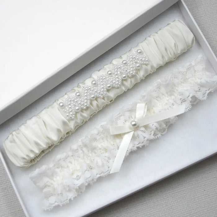 Heidi Ivory Satin & Lace Wedding Garter Set - The Wedding Garter
