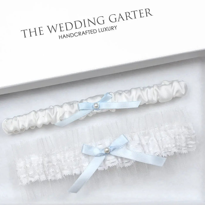 Holly Tule & White Satin Wedding Garter Set - The Wedding Garter