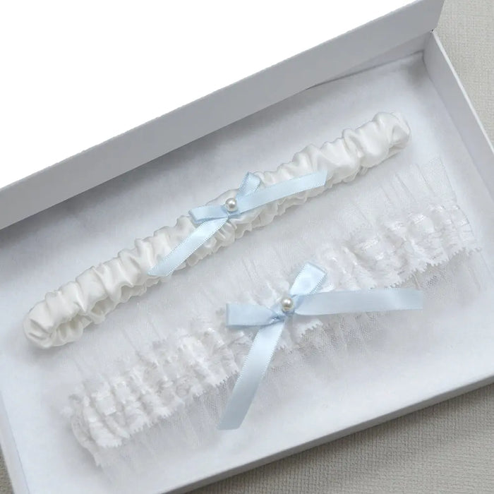 Holly Tule & White Satin Wedding Garter Set - The Wedding Garter