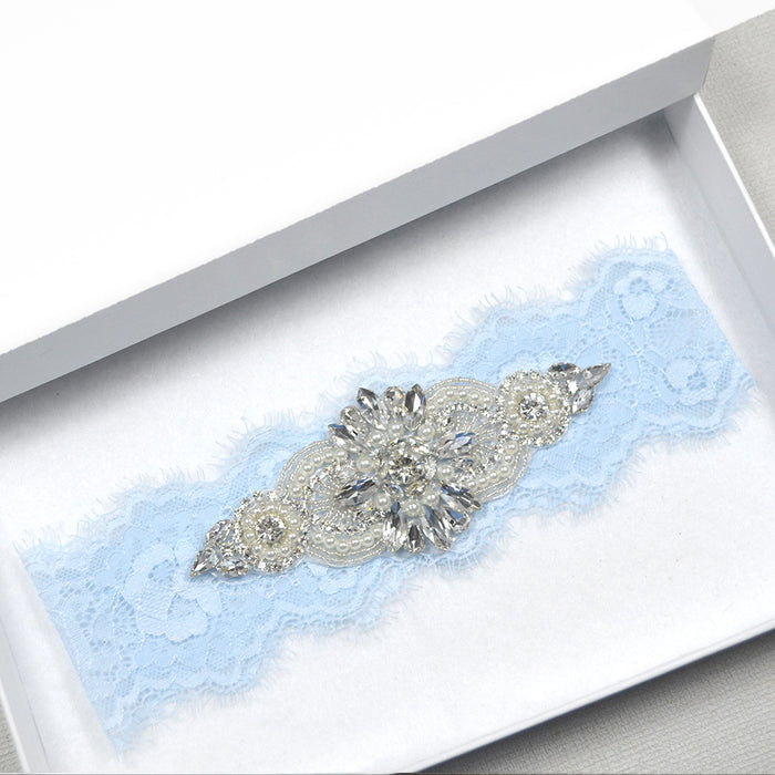 Ines Blue Eyelash Lace Pearl & Rhinestone Bridal Garter (2 Colours) - The Wedding Garter