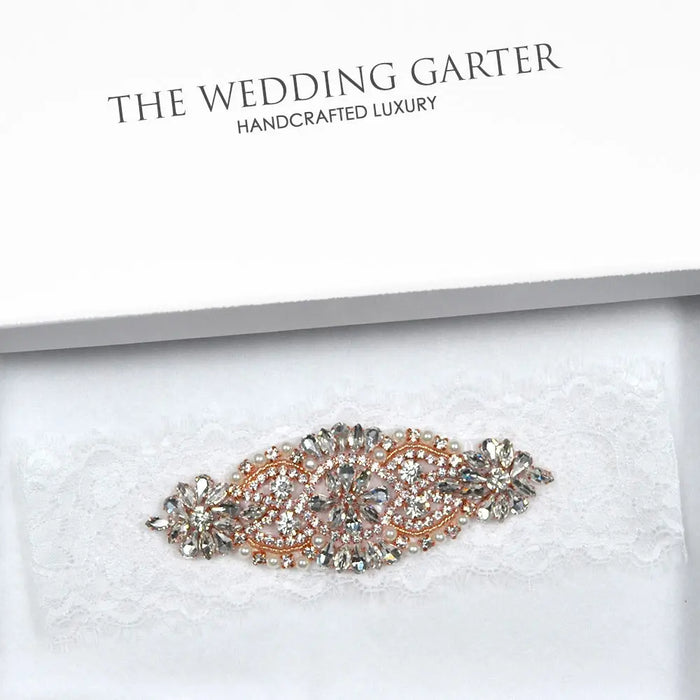 Isla White Eyelash Lace Rose Gold Rhinestone Bridal Garter - The Wedding Garter