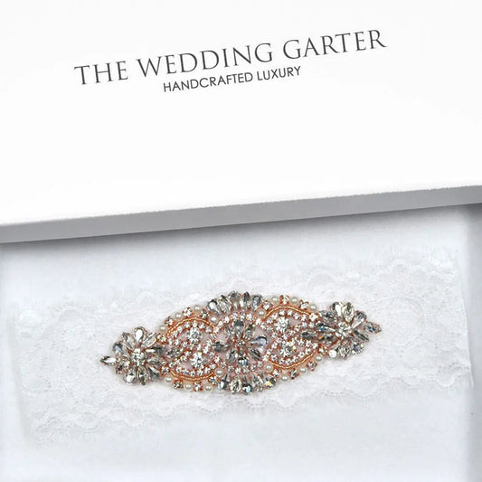 Isla White Eyelash Lace Rose Gold Rhinestone Bridal Garter - The Wedding Garter