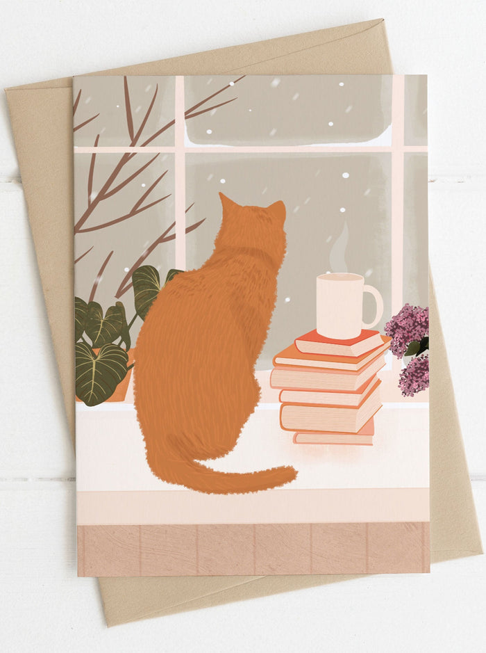 ITSFUNNYHOWWW Carte de Souhait - Chat devant la fenêtre
