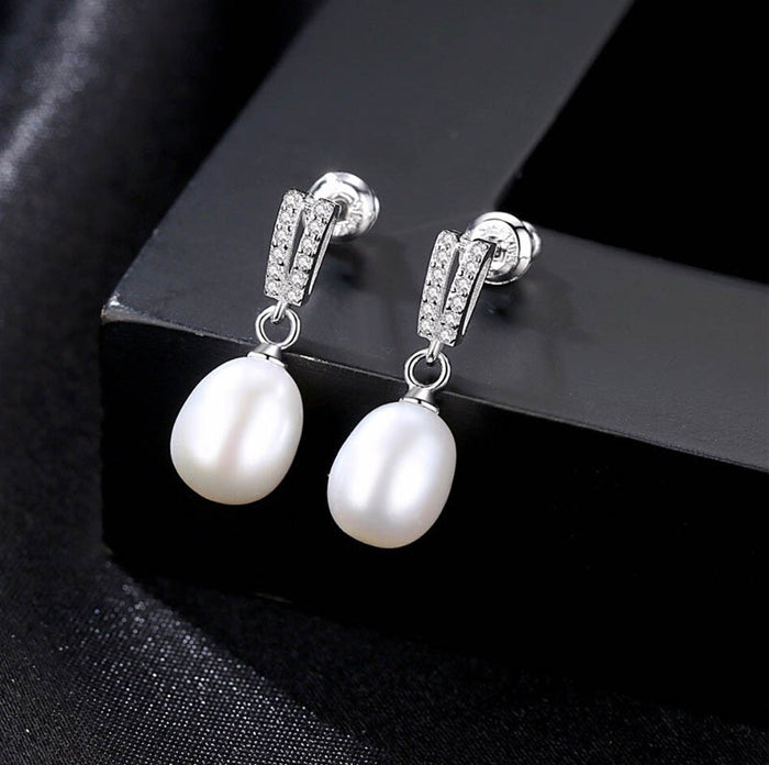 Ivory Natural Pearl & CZ Diamond Sterling Silver Drop Earrings - The Wedding Garter