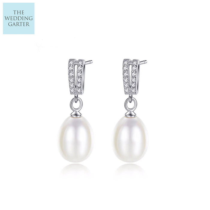 Ivory Natural Pearl & CZ Diamond Sterling Silver Drop Earrings - The Wedding Garter