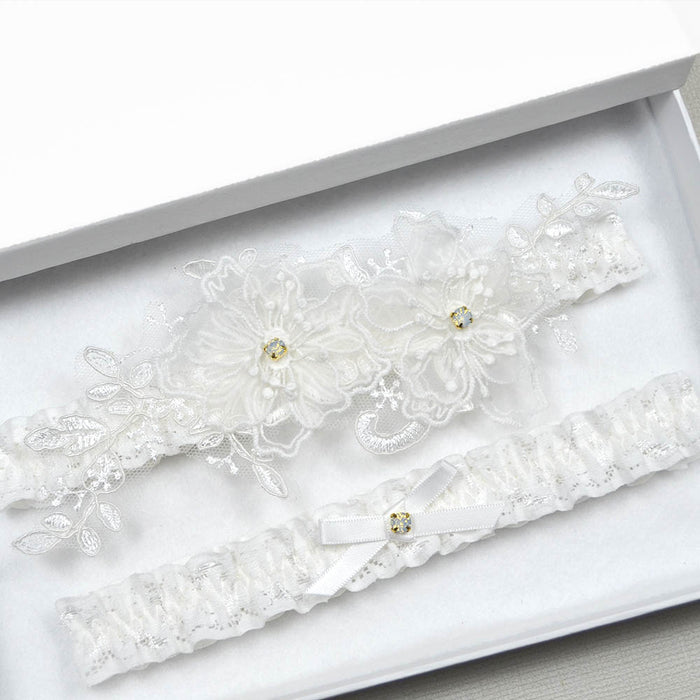 Ivory Organza Flowers Garter Set With Opal Charms - The Wedding Garter