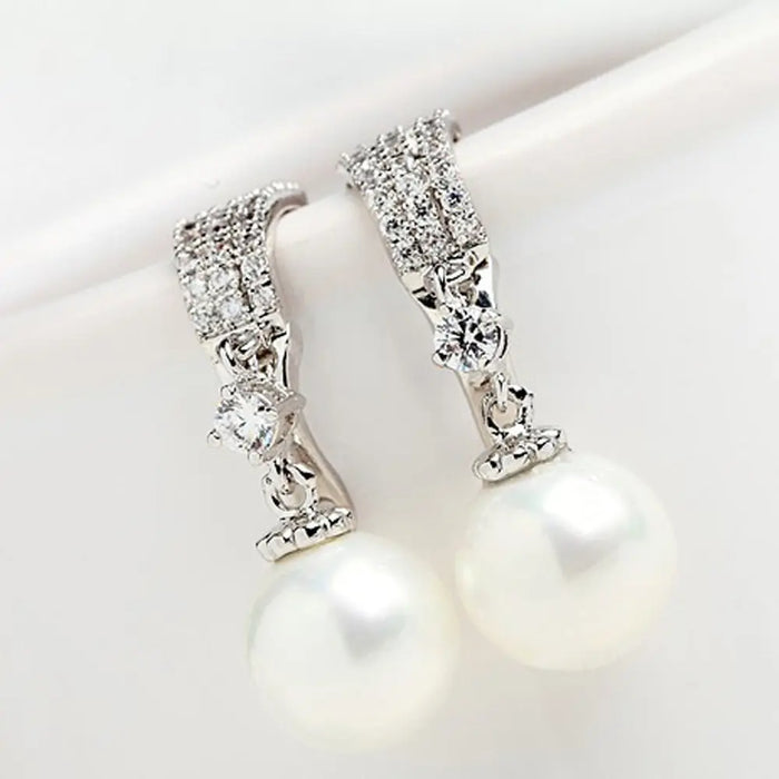 Ivory Pearl & Cubic Zirconia Diamond Drop Earrings For Bride - The Wedding Garter