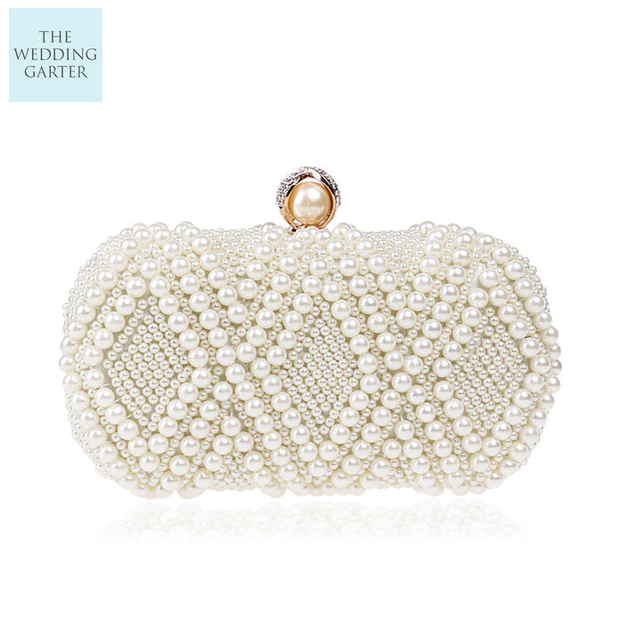 Ivory Pearl & Rhinestone Beaded Evening Purse - The Wedding Garter