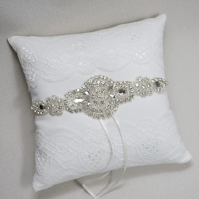 Ivory Satin & Lace Rhinestone Wedding Ring Pillow - The Wedding Garter