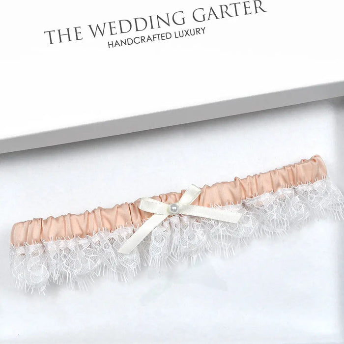 Khloe Blush Satin & Ivory Chantilly Lace Garter - The Wedding Garter