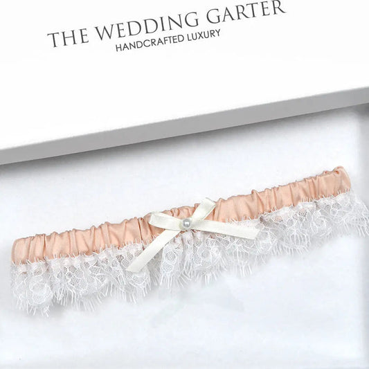 Khloe Blush Satin & Ivory Chantilly Lace Garter - The Wedding Garter