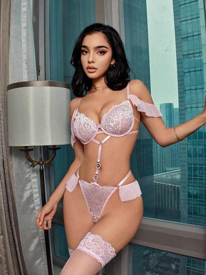 Lace Bodysuit And Stockings Set With Underwire For Women (3pcs)