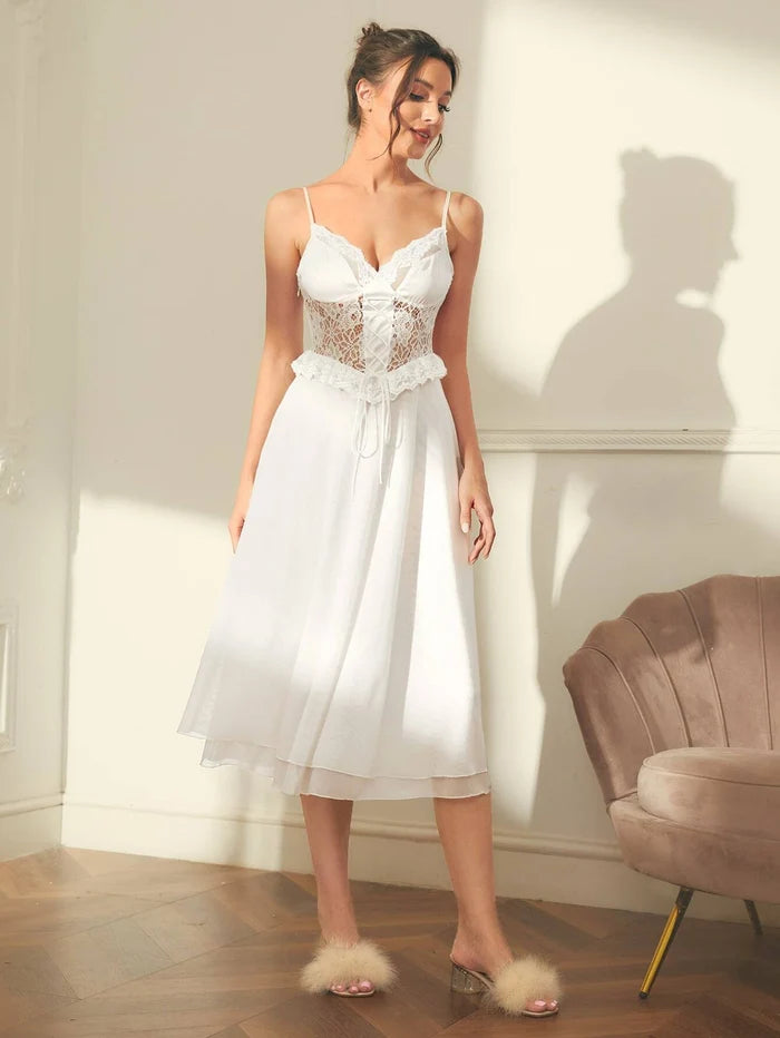 lace panel lace up front cami night dress