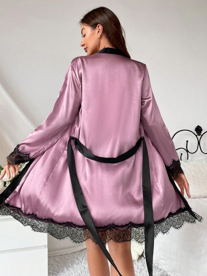 Lace Patchwork Bowknot Decor Pajama set