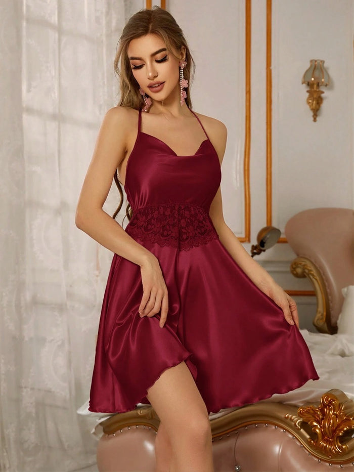 Lace Trimmed Satin Halter Neck Women's Nightgown