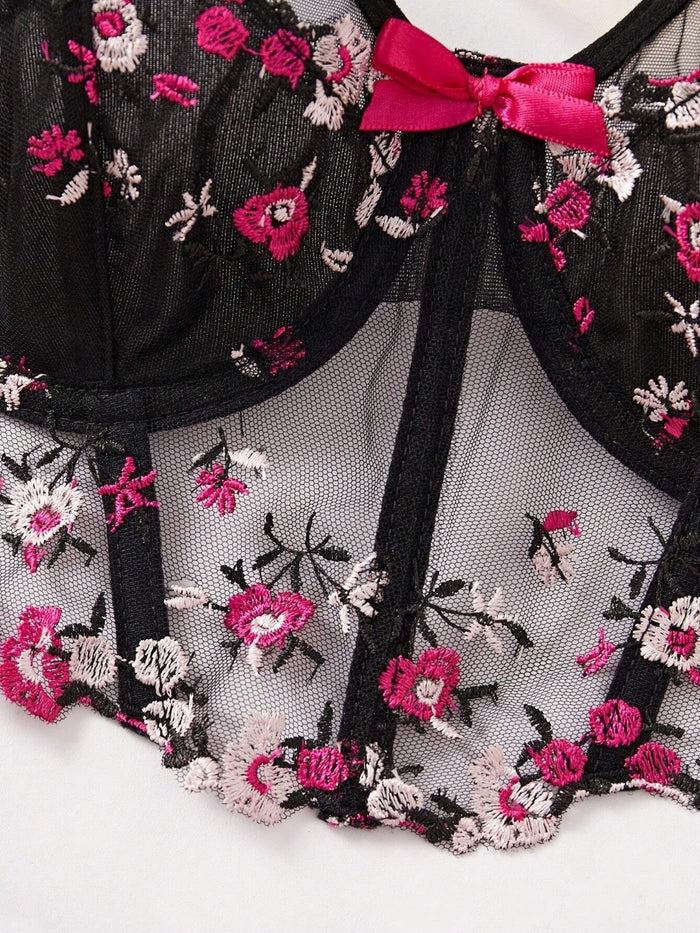 Ladies’ Flowers Embroidery Mesh Lingerie Set