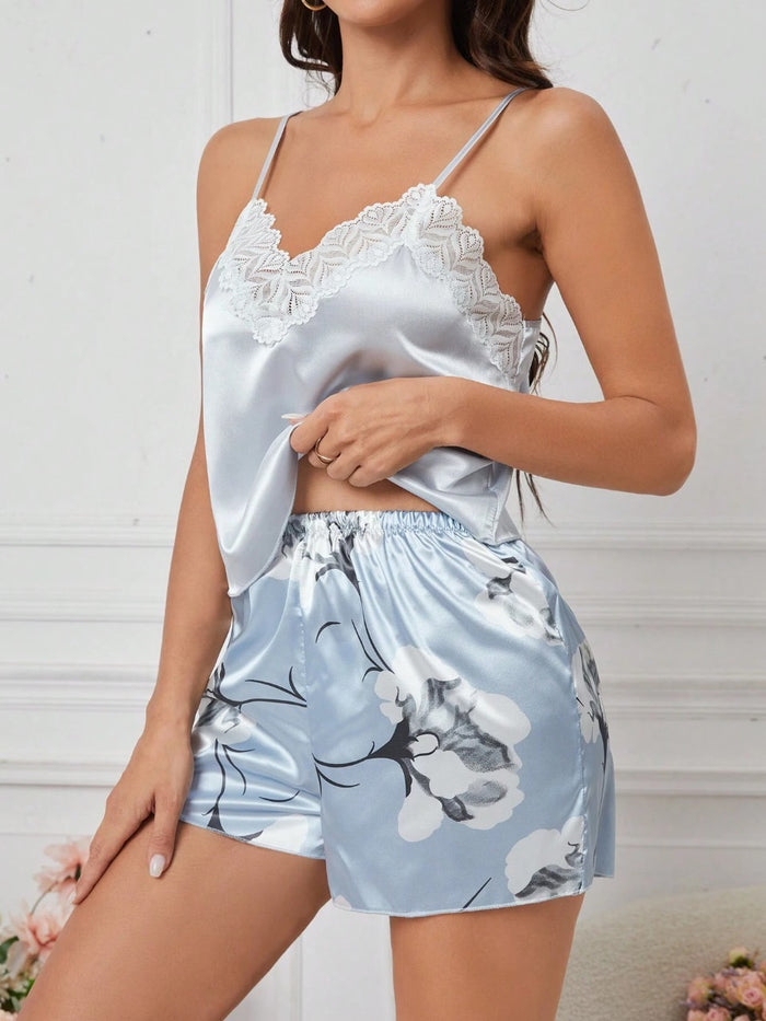 Ladies' Lace Splicing Cami Top & Floral Printed Shorts Pajama Set