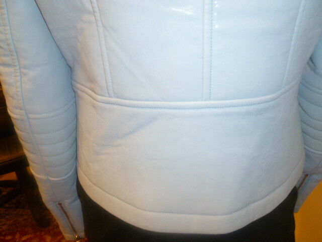 Ladies Light Blue Vince Camuto Size 2 Faux Leather Jacket - Diamonds Sapphires Rubies Emeralds