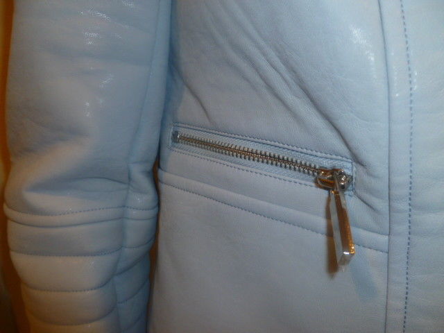 Ladies Light Blue Vince Camuto Size 2 Leather Jacket - Diamonds Sapphires Rubies Emeralds