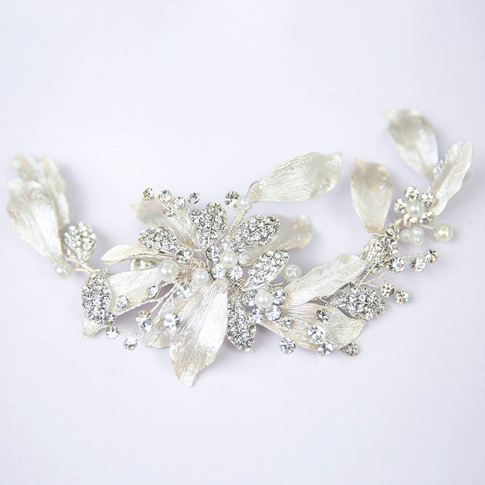 Large Garden Design Ivory & Silver Bridal Headpiece - The Wedding Garter