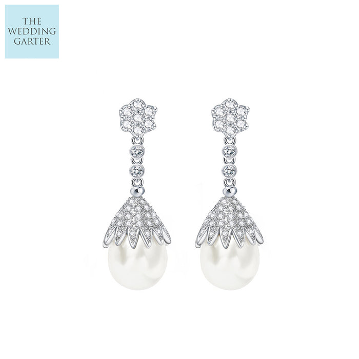 Large Ivory Pearl & CZ Statement Bridal Earrings - The Wedding Garter