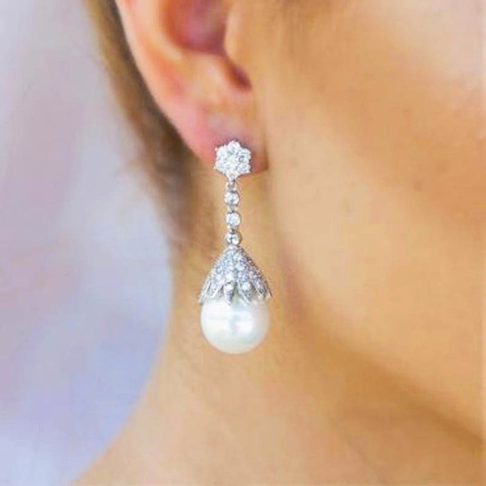 Large Ivory Pearl & CZ Statement Bridal Earrings - The Wedding Garter