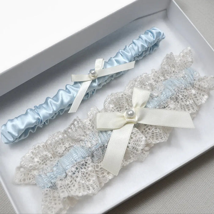 Lila Nude Lace Blue Bridal Garter Set For Something Blue - The Wedding Garter