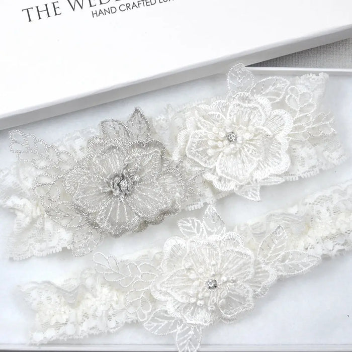 Lila Silver & Ivory Lace Wedding Garter Set - The Wedding Garter